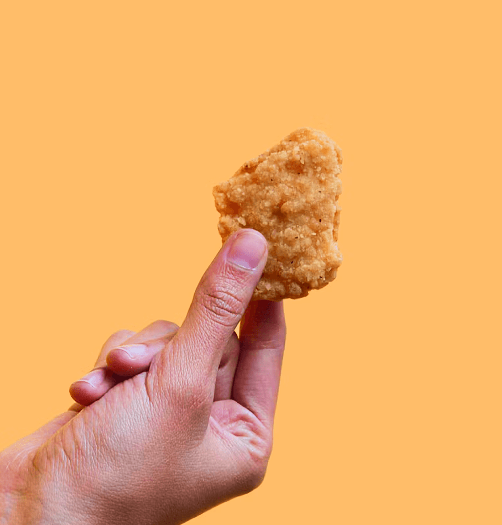 Hand holding a piece of fried fish or chicken nugget
